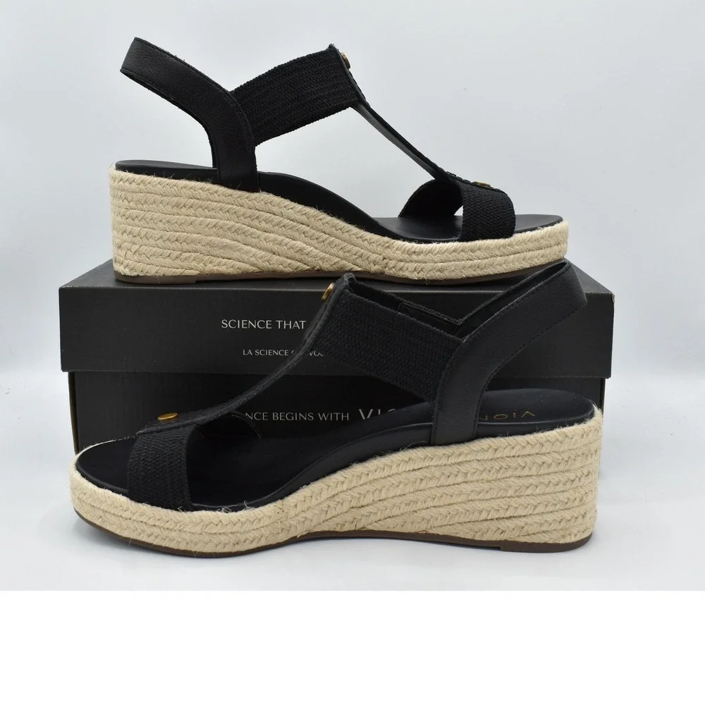Vionic Women Size 11 Calera Black Leather Stretch Espadrille Wedge Sandals Shoes